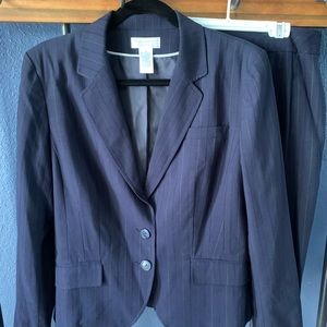Navy skirt suit with green pin strip. Size 12